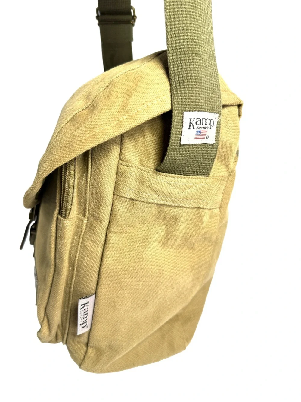 Kamp Canvas Messenger Bag in Khaki with Brown Leather Trim